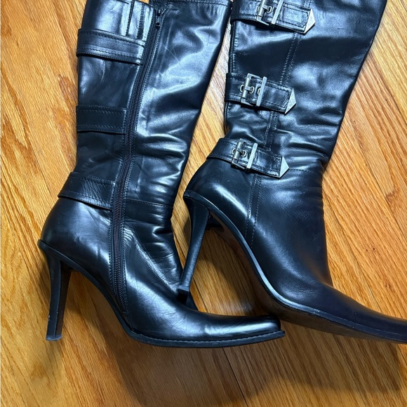 ALDO Made in Italy Black All-Leather Buckle Stiletto Boots – Mid Calf - Picture 9 of 10